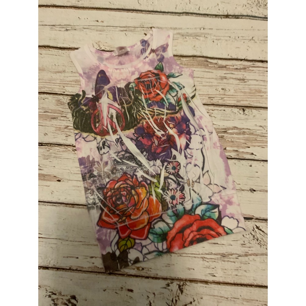 Xhilaration Juniors Small Purple Tie Dye Rose Peace Sign Graphic Tank Top Y2K